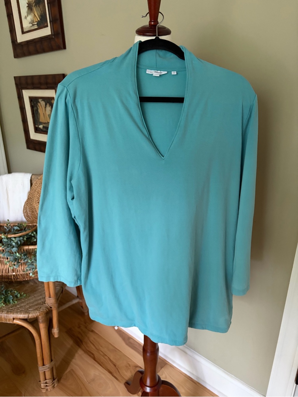 Chico's Sz3/XL Touch of Cool Teal Knit V-Neck Top in Rayon/Spandex